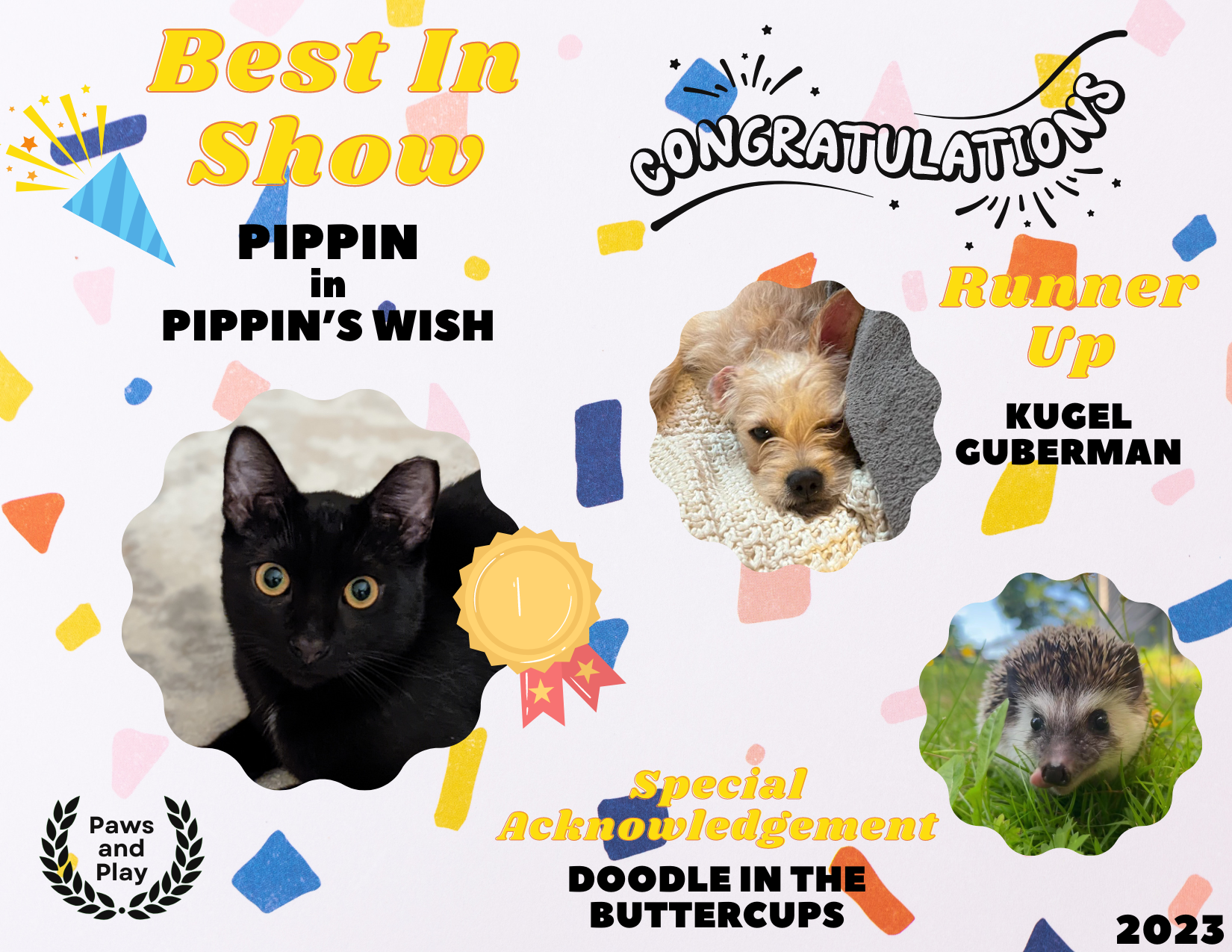 Award for best in show with a black cat, brown dog and a hedgehog surrounded by fanfare