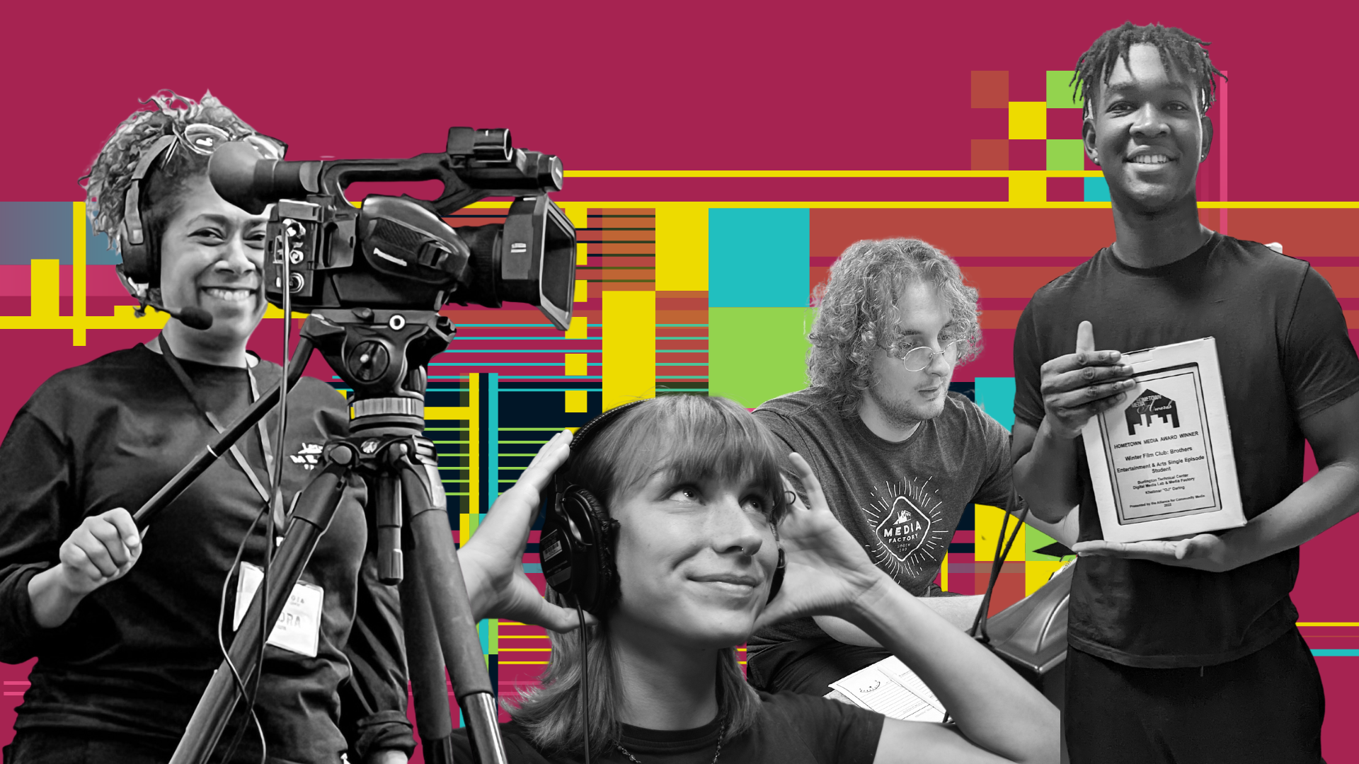 interns and scholarship winners using cameras, headphones, computers, and holding up awards