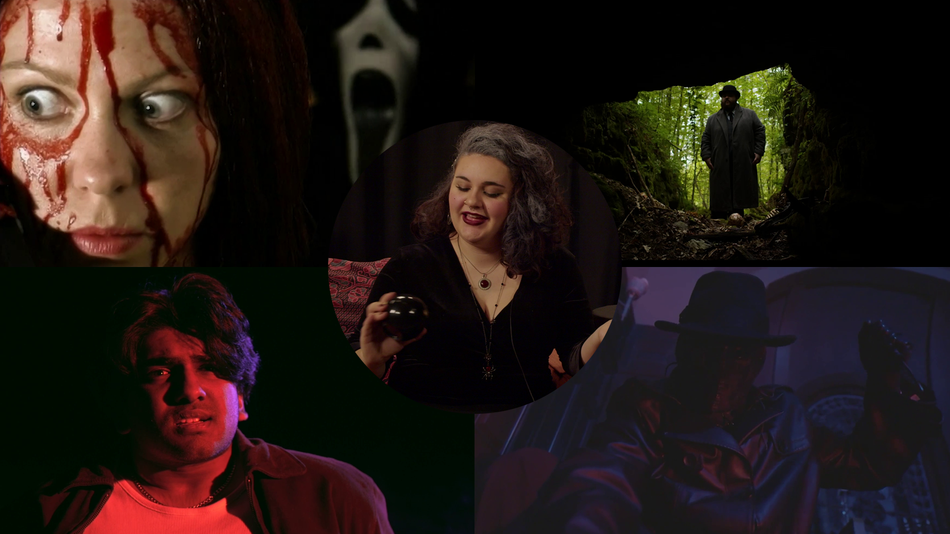 A collage of horror film stills: A blood covered woman, a man at a cave entrance, a masked person with a knife, a scared man and a woman with a magic eight ball
