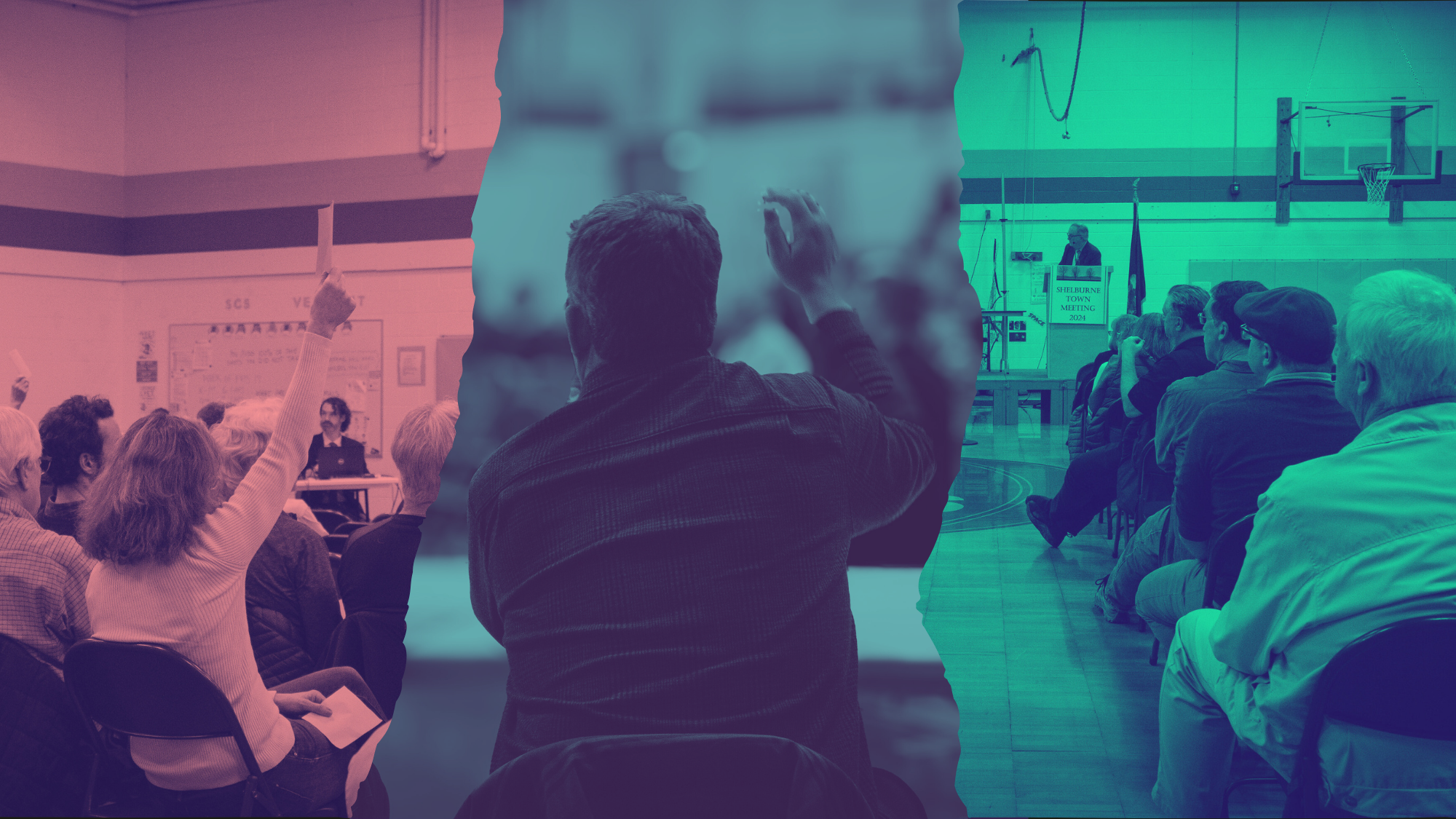 a collage of people with raised hands at Town Meeting Day information sessions.