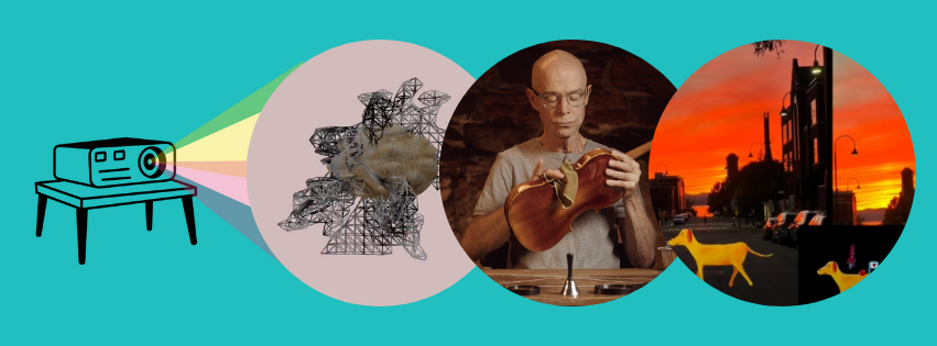 Image: a graphic of a projector with stills from featured artists: Sean Clute’s “Various Galaxies;” John Killacky’s “FLUX;” Gyllian Rae Svensson’s “End of the World (I feel fine).”