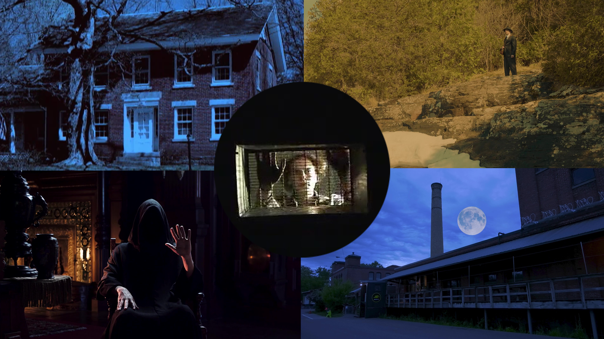 A collage of horror film stills: A haunted house, a man on a cliff, a factory building and hooded figure