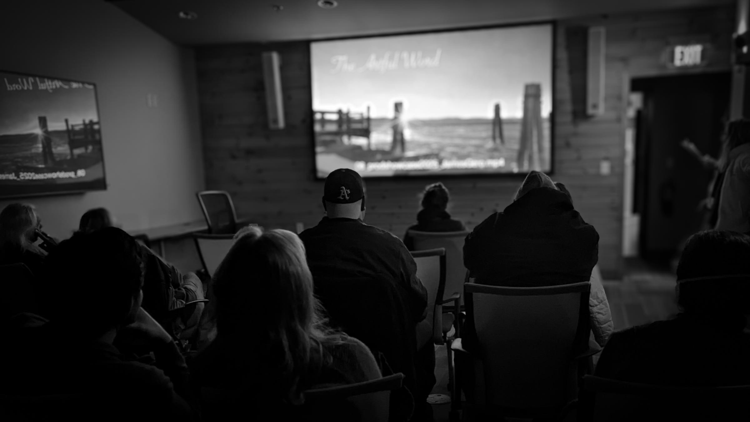 A screening of a film, with people watching